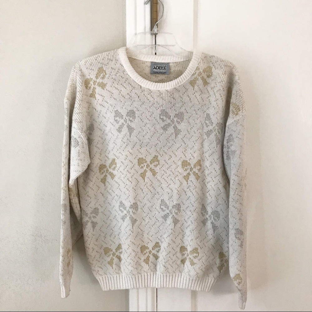 Vintage 80’s Metallic Bow Chunky Knit Sweater - Picture 2 of 6